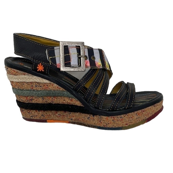 Art Heel Womens 8.5 Black Colorful Shoes Pumps Eclectic Bohemian Open Toe - Picture 1 of 15